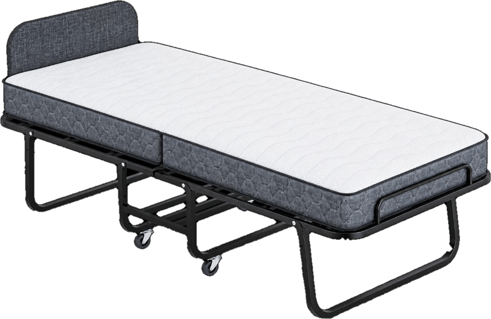 Het vouwbed uitgeklapt met het koudschuim matras erop