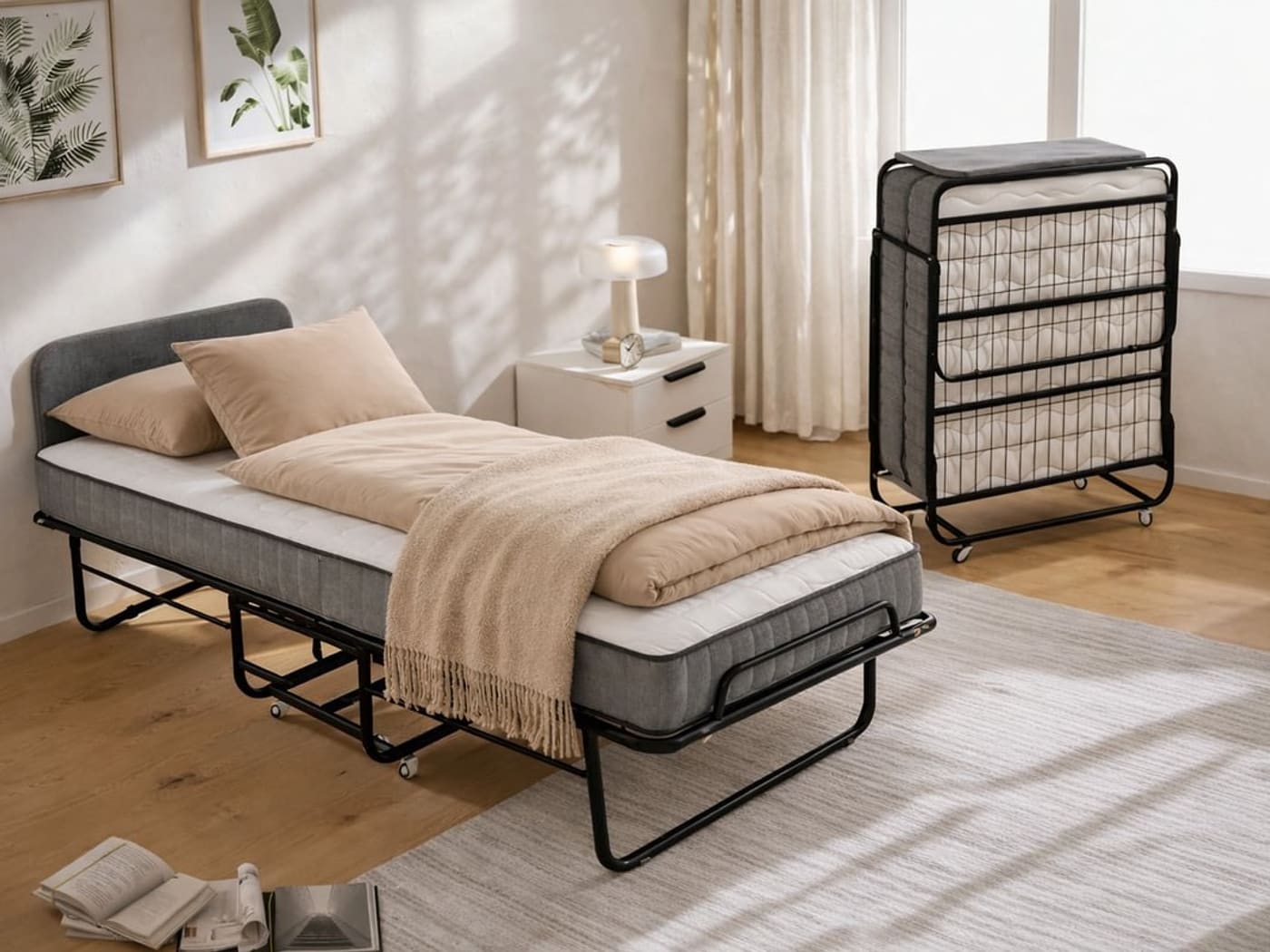 Het vouwbed opgemaakt in een logeerkamer, met een tweede bed ingeklapt ernaast